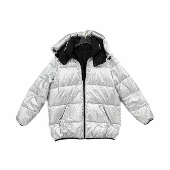 Express NWT Metallic Silver Reversible Black Hooded Full Zip Shiny Puffer Coat - Picture 9 of 13